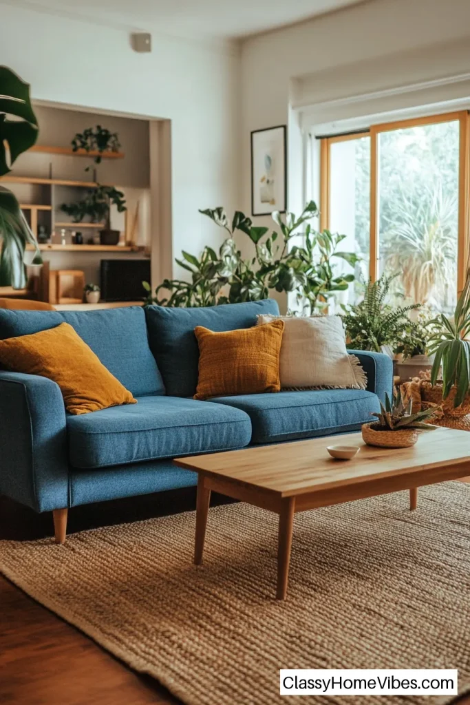 Add Warmth with Earthy Accents and a Blue Couch
