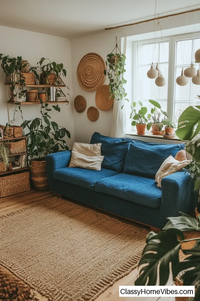 Add an Earthy Boho Feel with a Blue Sofa and Natural Elements