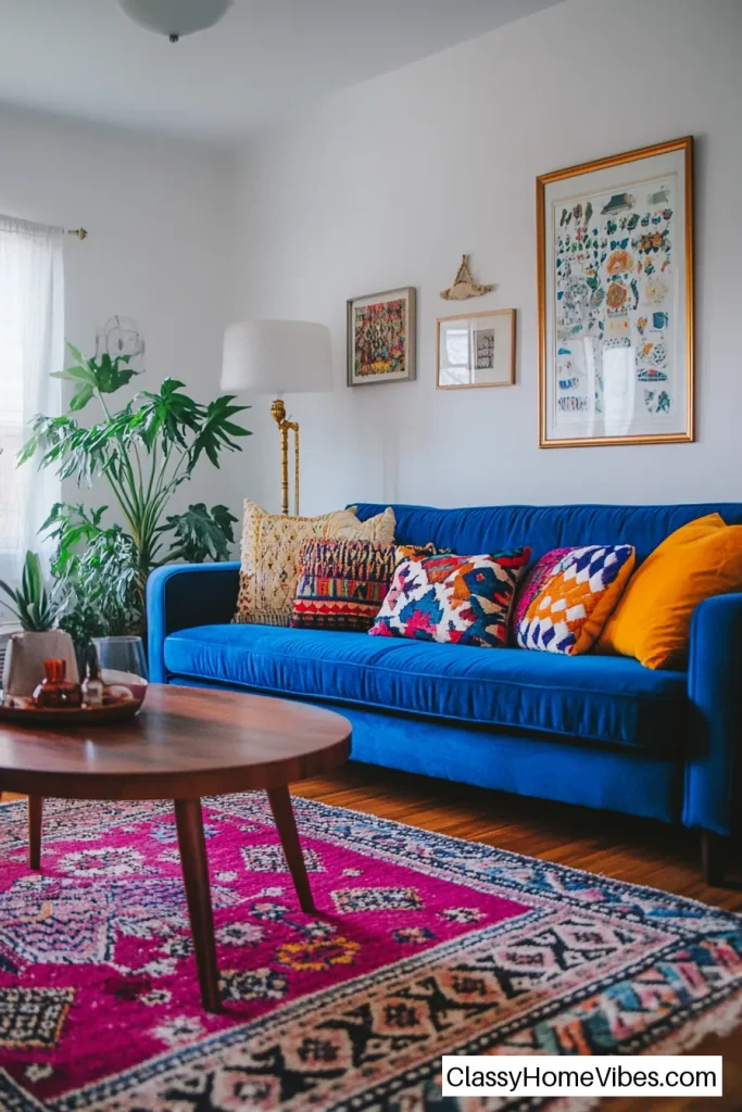 Experiment with Eclectic Decor and a Blue Couch