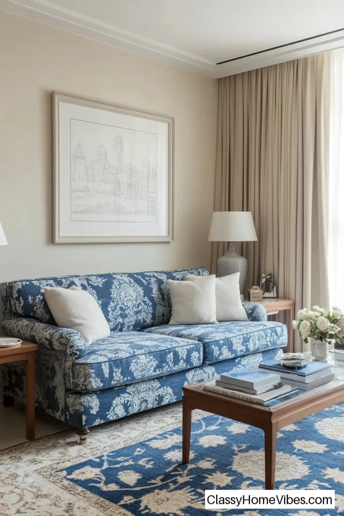 Incorporate Patterns with a Printed Blue Sofa