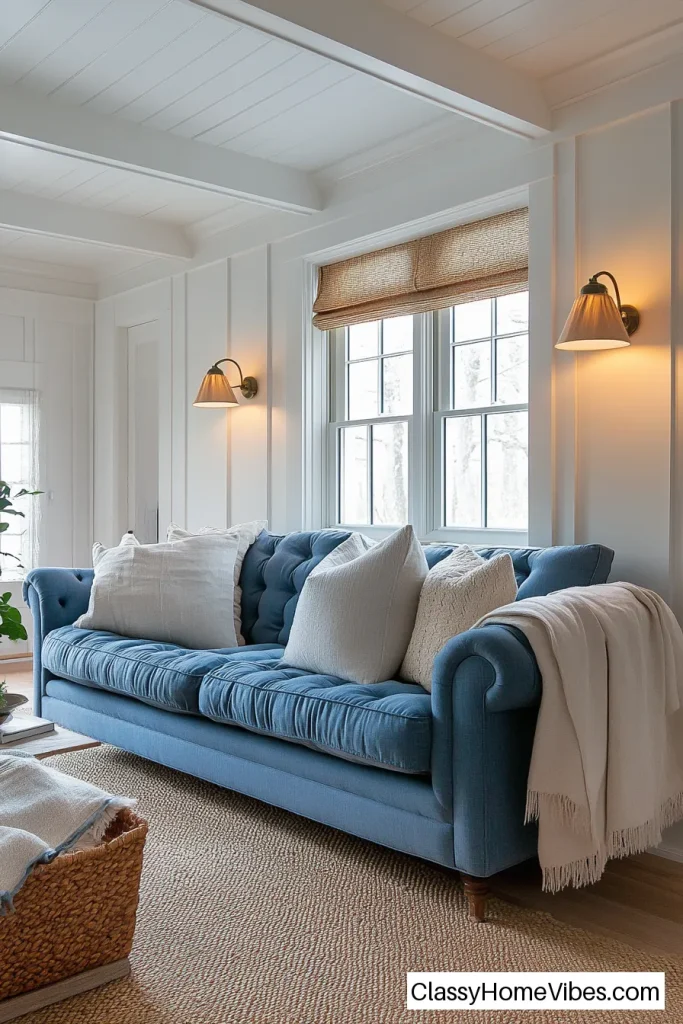 Make It Cozy with a Blue Sofa and Warm Lighting