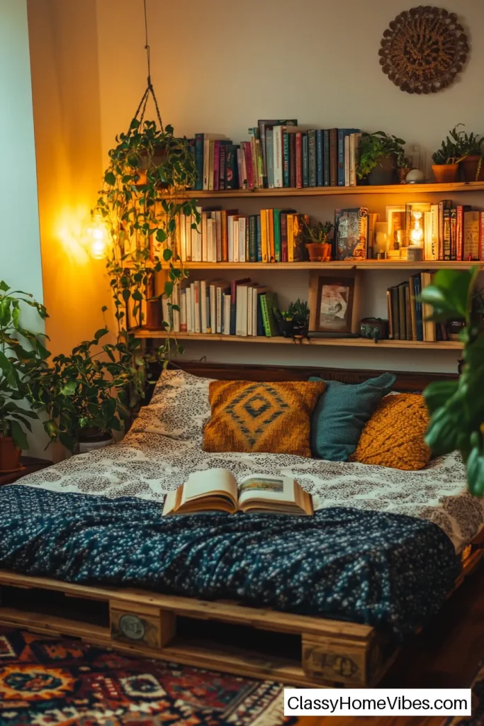 Pallet Bed with Built-In Bookshelves