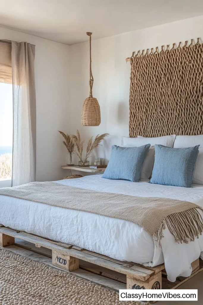 Pallet Bed with Woven Rope Headboard